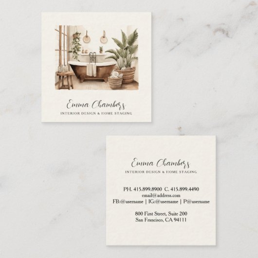 Moderne Innenarchitektur Designer Aquarell Badezim Quadratische Visitenkarte (Vorne/Hinten)