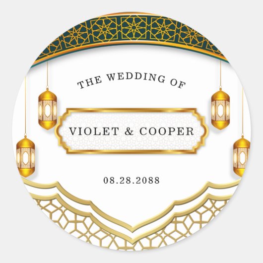 Moderne islamische Hochzeit in Weiß und Gold Runder Aufkleber (Vorderseite)