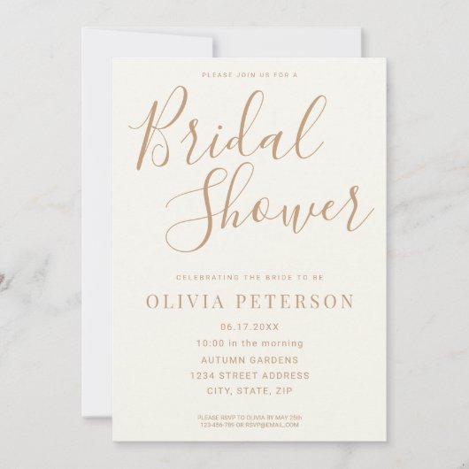 Moderne Ivory Tan Bridal Dusche Einladung (Vorderseite)