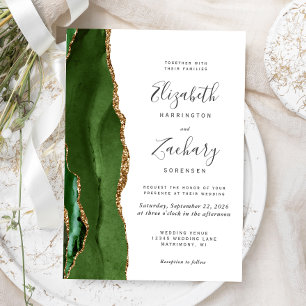 Moderne Jägergrün-Gold-Achat-Hochzeit Einladung