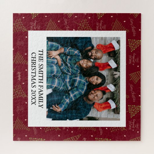 Moderne Jahresgrüße in Rot mit familiärem Foto Puzzle (Horizontal)