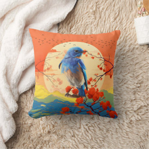 Moderne japanische Natur Vogel in Blütenlandschaft Kissen