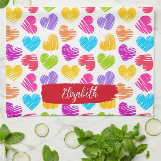 Moderne, junge, lebendige, doodled Herz-Muster Nam Geschirrtuch (Gefaltet)