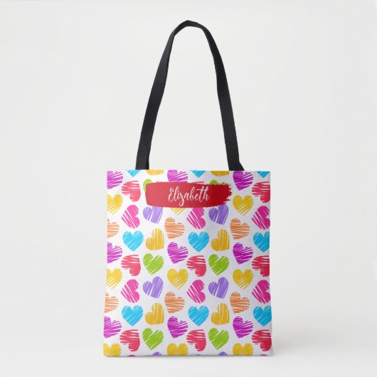 Moderne, junge, lebendige, doodled Herz-Muster Nam Tasche (Vorderseite)