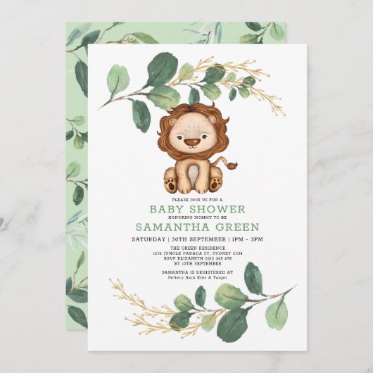 Moderne Jungle Lion Greenery Gold Co-Ed Baby Dusch Einladung (Vorne/Hinten)