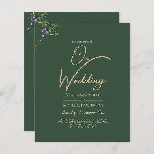 Moderne JUNIPER Green GOLD Hochzeit Einladung (Vorne/Hinten)