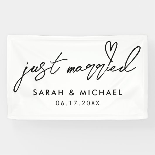 Moderne Just Married Elegante Kalligraphie Hochzei Banner (Horizontal)