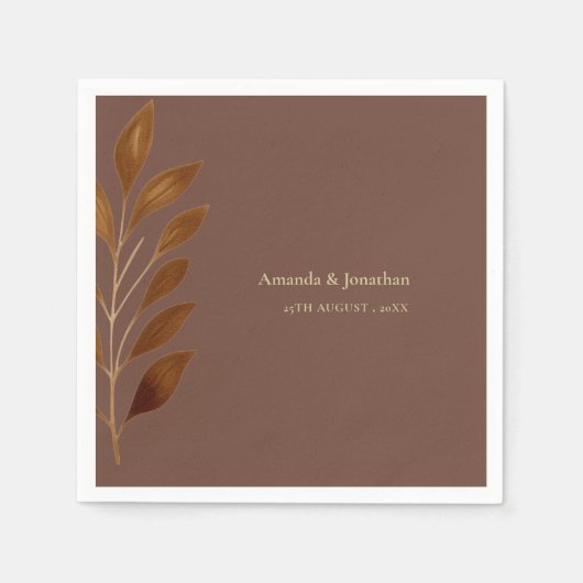 Moderne Kaffee-Braun- und Goldleaf-Hochzeit Serviette (Vorderseite)