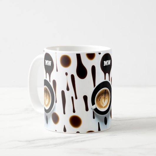 Moderne Kaffeeflecken und Bild mit Initialen Kaffeetasse (Vorderseite Links)