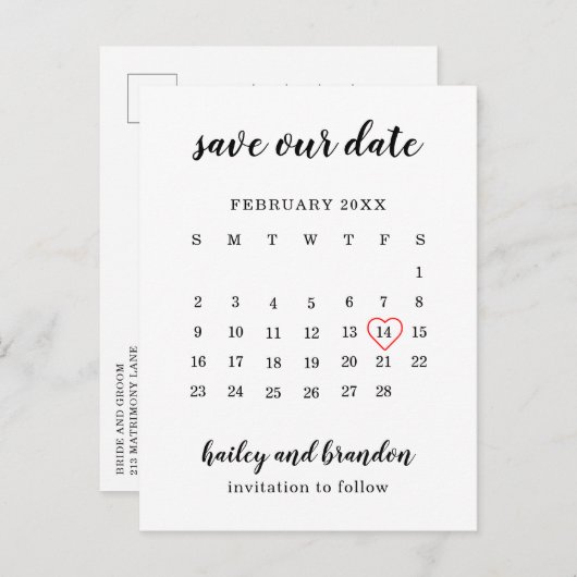 Moderne Kalender Rotes Herz Hochzeit speichern das Ankündigungspostkarte (Vorne/Hinten)