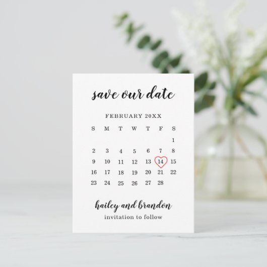Moderne Kalender Rotes Herz Hochzeit speichern das Ankündigungspostkarte (Stehend Vorderseite)