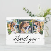 Moderne Kalligrafie 3 Foto Wedding Dankeskarte (Stehend Vorderseite)