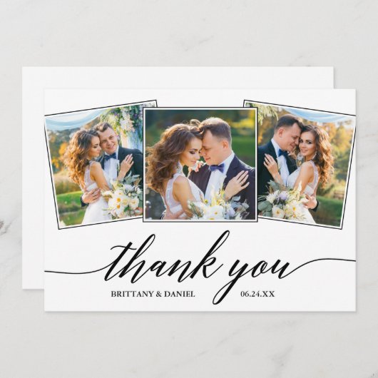 Moderne Kalligrafie 3 Foto Wedding Dankeskarte (Vorne/Hinten)