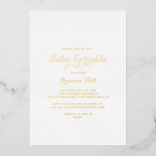 Moderne Kalligrafie Baby Sprinkle Gold Folieneinladung (Vorderseite)