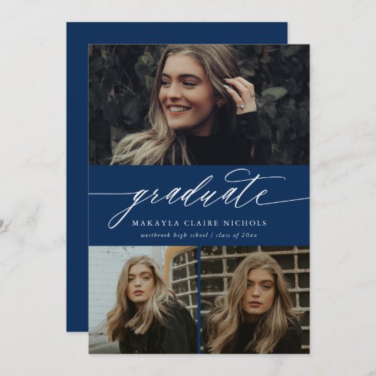 Moderne Kalligrafie Blau Drei Foto Abschluss Einladung (Vorne/Hinten)