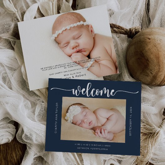 Moderne Kalligrafie Blue Birth Announccard Dankeskarte