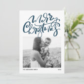 Moderne Kalligrafie Blue Foto Frohe Weihnachten (Stehend Vorderseite)