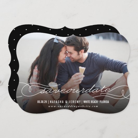 Moderne Kalligrafie Blühe Weißes Script-Foto Save The Date (Vorne/Hinten)