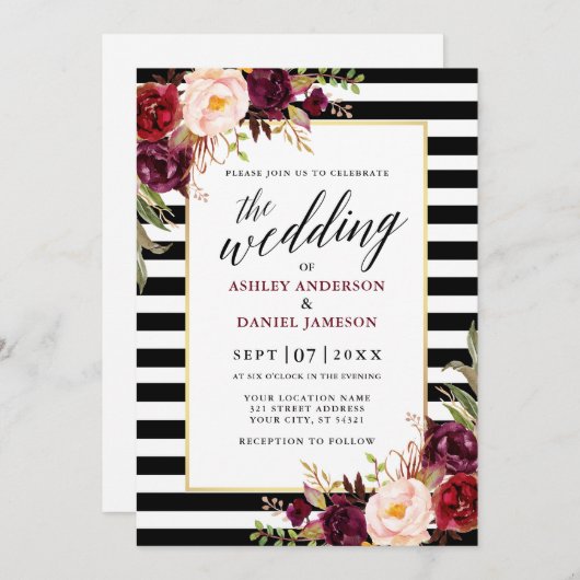 Moderne Kalligrafie Burgund Blumenzange gestreift Einladung (Vorne/Hinten)