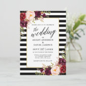 Moderne Kalligrafie Burgund Floral Striped Wedding Einladung (Stehend Vorderseite)