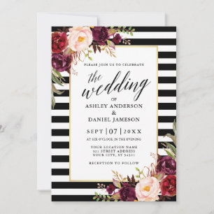 Moderne Kalligrafie Burgund Floral Striped Wedding Einladung