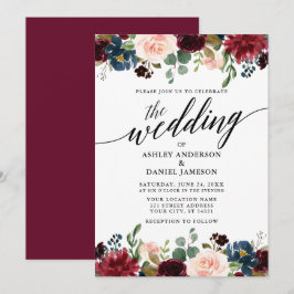 Moderne Kalligrafie Burgundy Blue Floral Wedding Einladung