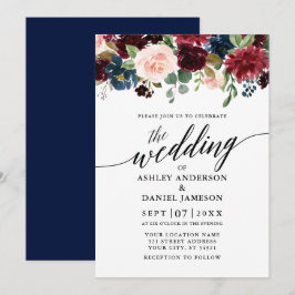 Moderne Kalligrafie Burgundy Floral Blue Wedding Einladung