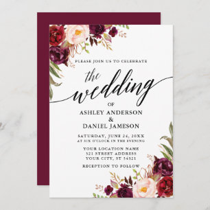 Moderne Kalligrafie Burgundy Floral Wedding Einladung