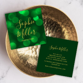 Moderne Kalligrafie Emerald Green Bokeh Lights Quadratische Visitenkarte