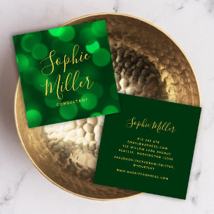 Moderne Kalligrafie Emerald Green Bokeh Lights Quadratische Visitenkarte