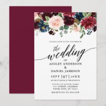 Moderne Kalligrafie Floral Burgundy Blue Wedding