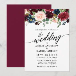 Moderne Kalligrafie Floral Burgundy Blue Wedding Einladung