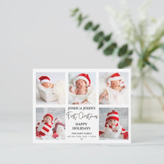 Moderne Kalligrafie Fünf Foto Erste Weihnachtsfeie Postkarte (Stehend Vorderseite)