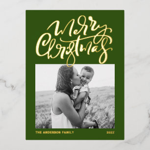 Moderne Kalligrafie Grüne Frohe Weihnachten Foto Folien Feiertagspostkarte