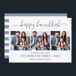 Moderne Kalligrafie Hanukkah 3 Foto Blau Streifen Feiertagskarte<br><div class="desc">Modern Trendy Calligraphy Script 3 Foto Family Foto Collage Happy Hanukkah Card - Dusty Blue und White Strips Back</div>