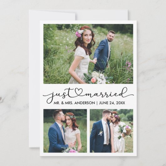 Moderne Kalligrafie Herzschrift Hochzeit 3 Fotos Ankündigung (Vorderseite)