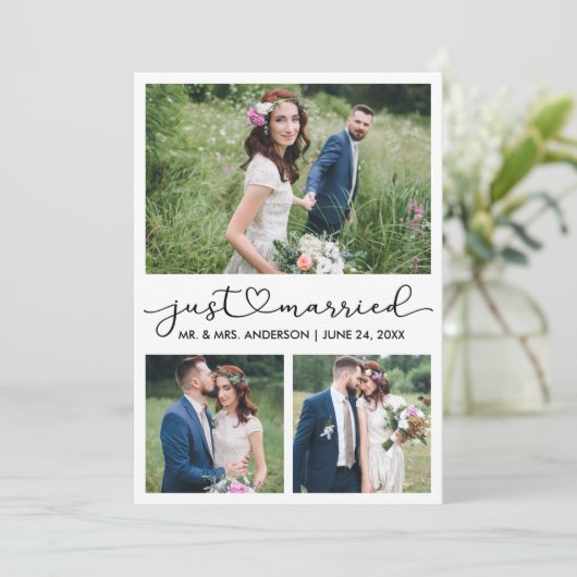 Moderne Kalligrafie Herzschrift Hochzeit 3 Fotos Ankündigung (Stehend Vorderseite)