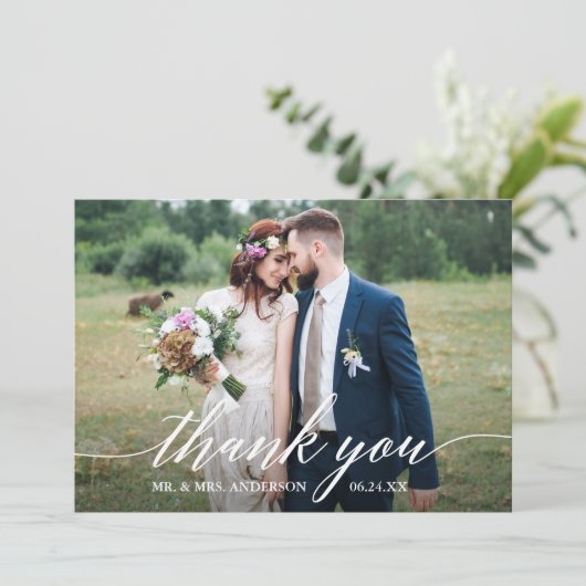 Moderne Kalligrafie Hochzeitbräunchen 4 Fotos Dankeskarte (Stehend Vorderseite)