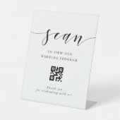 Moderne Kalligrafie Hochzeitsprogramm QR-Code Sockelschild (Vorderseite)