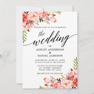 Moderne Kalligrafie Korallen Blumen Hochzeit Einladung