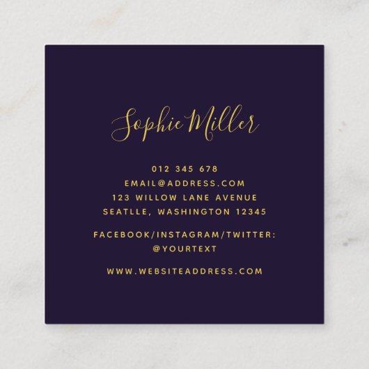 Moderne Kalligrafie Magenta Blue Bokeh Lights Quadratische Visitenkarte (Rückseite)