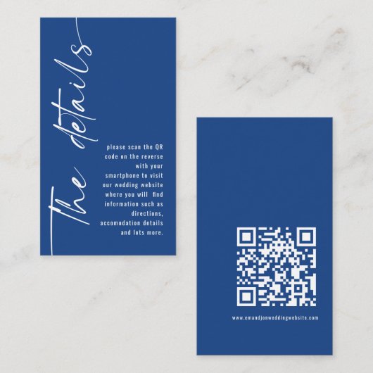 Moderne Kalligrafie QR Code Blue Wedding Details Begleitkarte (Vorne/Hinten)