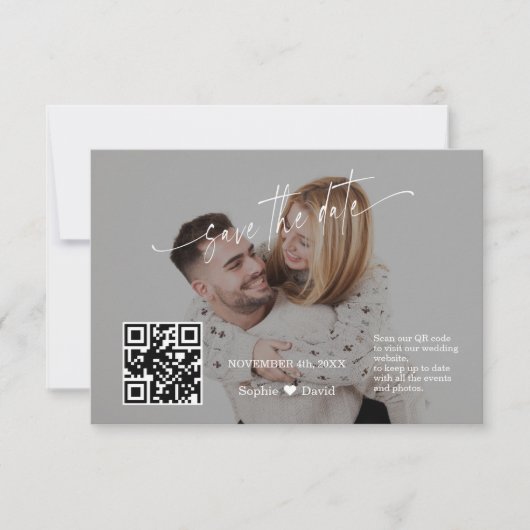 Moderne Kalligrafie QR Code Foto Hochzeit Save The Date (Vorderseite)