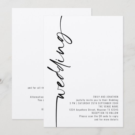 Moderne Kalligrafie QR-Code Hochzeit Einladung (Vorne/Hinten)
