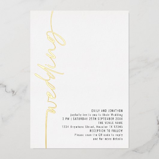 Moderne Kalligrafie QR Code Wedding Real Foil Invi Folieneinladung (Vorderseite)