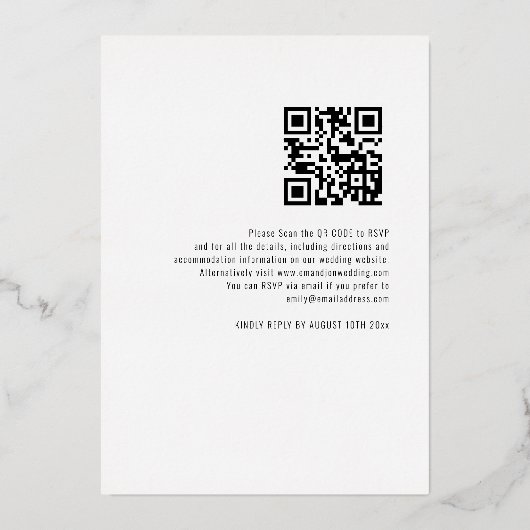 Moderne Kalligrafie QR Code Wedding Real Foil Invi Folieneinladung (Rückseite)