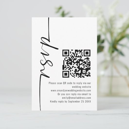 Moderne Kalligrafie QR Code Wedding RSVP (Stehend Vorderseite)