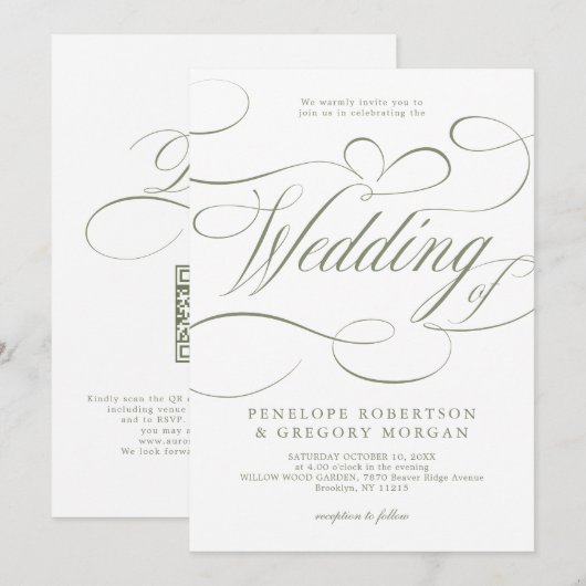 Moderne Kalligrafie Sage Green QR-Code-Hochzeit Einladung (Vorne/Hinten)