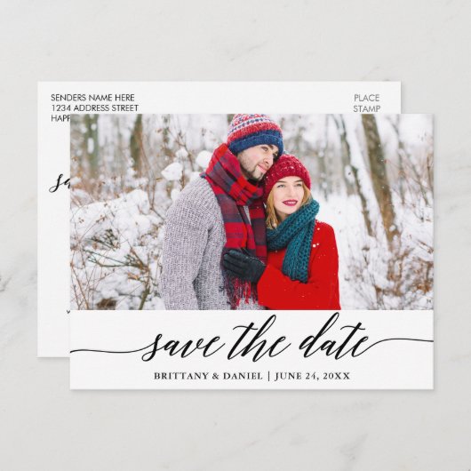 Moderne Kalligrafie Save the Date Foto Postkarte (Vorne/Hinten)