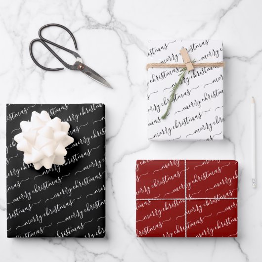 Moderne Kalligrafie Schwarz-weiß Maroon Weihnachte Geschenkpapier Set (Vorderseite)